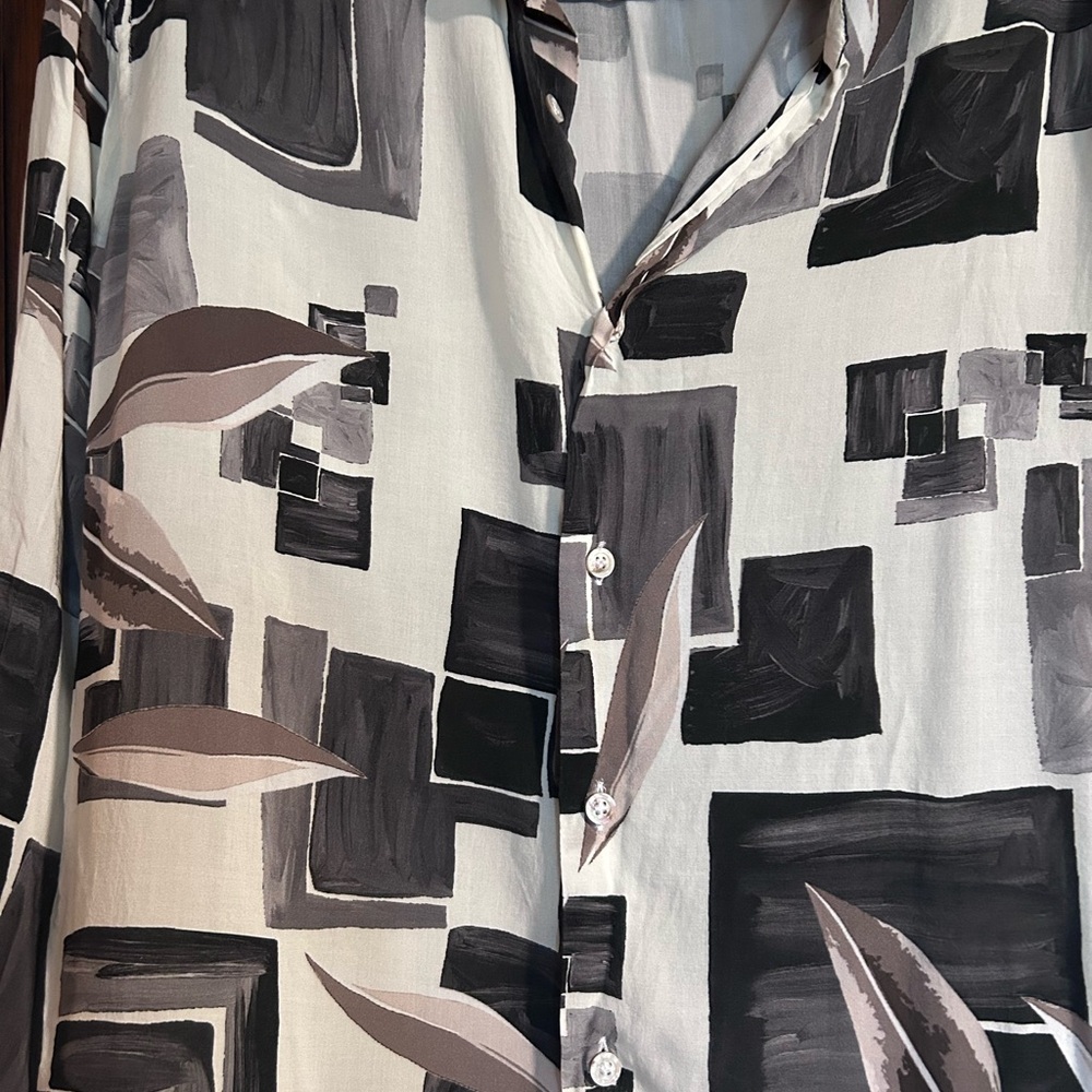 Abstract Block Pattern Button-Down Shirt In Black… - image 2